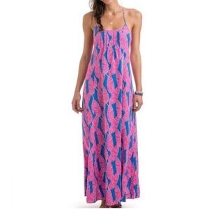 Vineyard Vines Linen Blend Pink & Blue Palm Print Maxi Dress Size 4